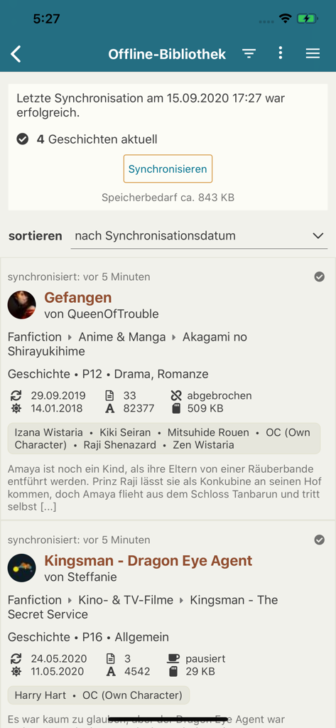 Die Offline-Bibliotheksoberfläche der FanFiktion.de-App, die synchronisierte Geschichten und eine Synchronisierungsschaltfläche anzeigt