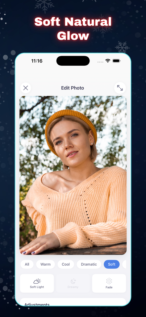 PhotoRoom+ - PhotoRoom plus app interface displaying a soft natural glow filter on a portrait of a woman