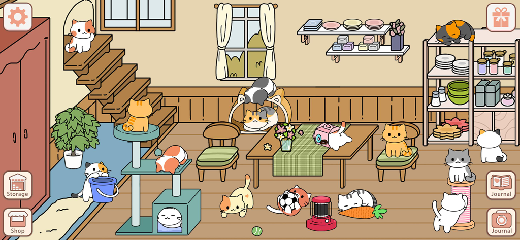 Dream House Decorating Games - Una acogedora sala de estar llena de muchos gatos de dibujos animados lindos sentados en los muebles y jugando