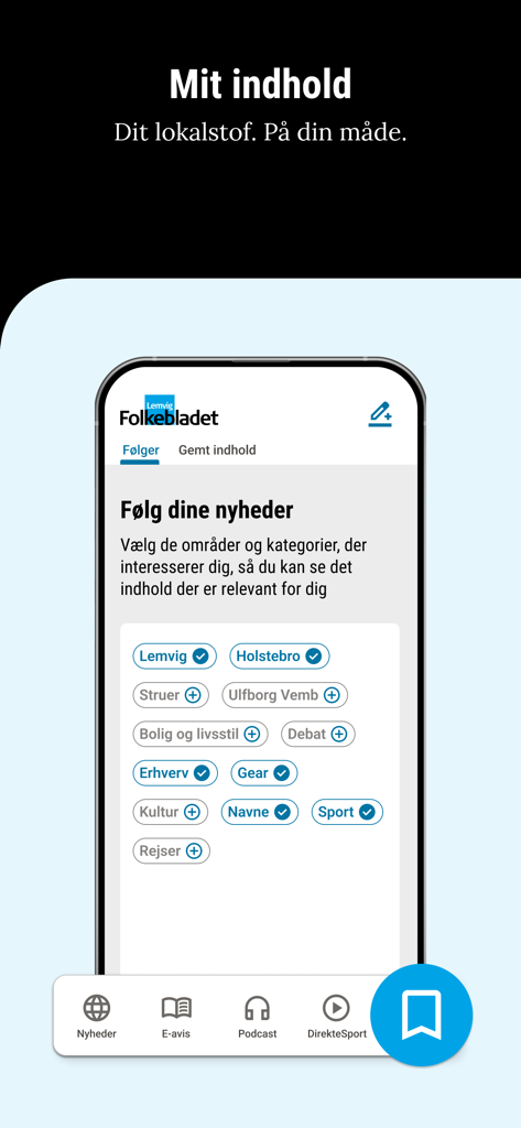 Folkebladet Lemvig - Interface of the Folkebladet Lemvig app showing options to follow specific news categories and local regions.