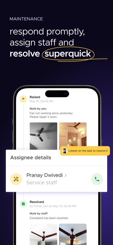 Crib: Property Management App - Interfaz de la aplicación de gestión de propiedades Crib para rastrear y resolver solicitudes de mantenimiento.
