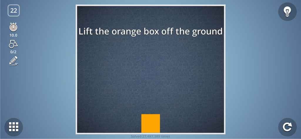 Brain It On! - Brain It On gameplay screenshot showing a physics puzzle level with the instruction to lift an orange box off the ground