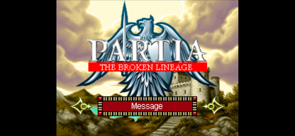 Partia - Pantalla de título de Partia The Broken Lineage con un escudo de águila azul y un paisaje de castillo retro en pixel art