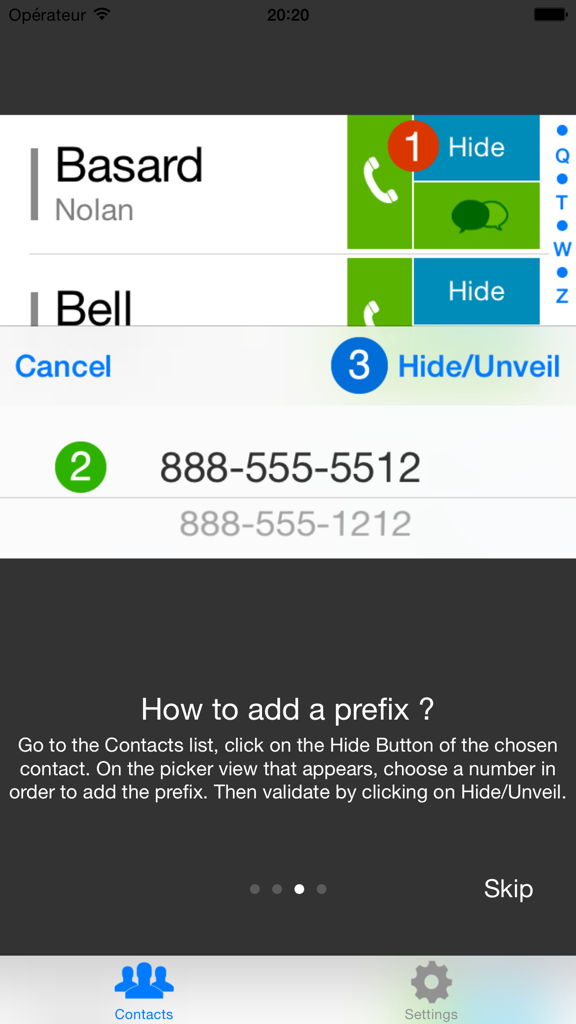 Hide my phone number - In-app tutorial showing the steps to hide a phone number by adding a caller ID prefix to specific contacts.
