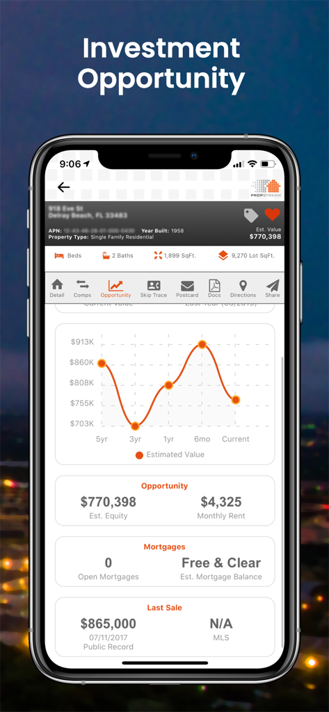 PropStream - PropStream app displaying real estate investment data including property equity and mortgage history
