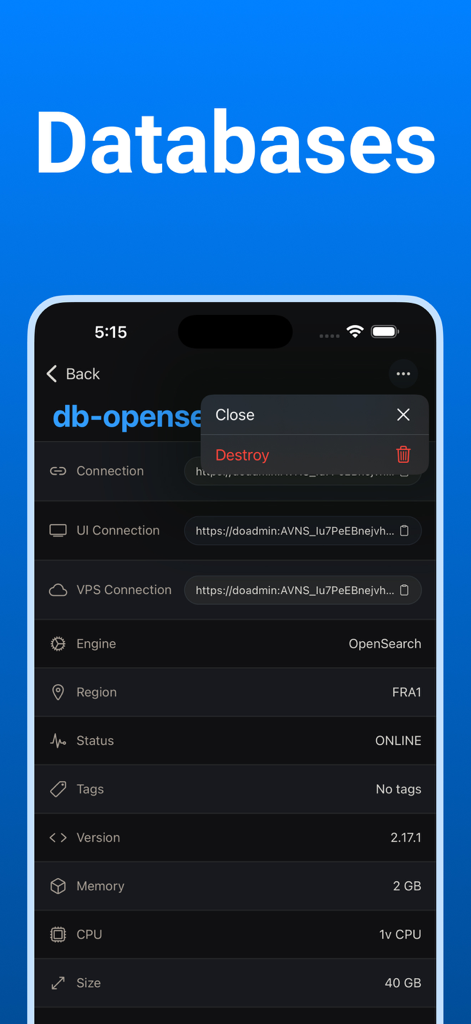 Digital Ocean Mobile — Ocean - Interface do aplicativo Ocean mostrando detalhes do cluster de banco de dados e um menu para destruir o recurso