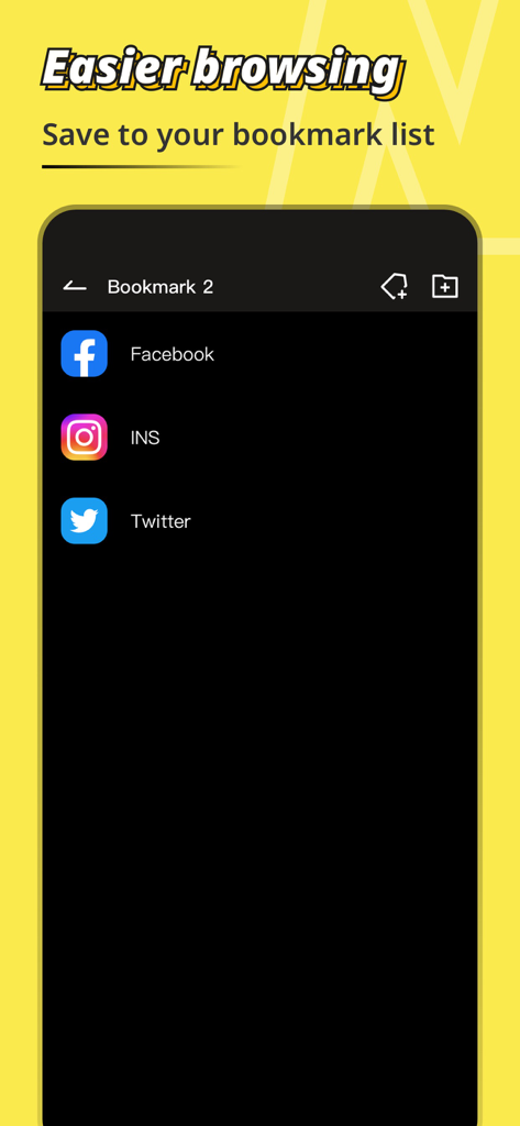 Nimbo-UltraBrowse - Una captura de pantalla de la aplicación Nimbo UltraBrowse mostrando una lista de marcadores guardados para sitios de redes sociales como Facebook y Twitter