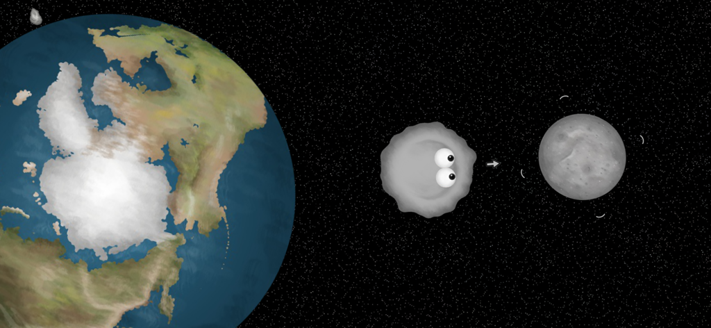Tasty Planet: Back for Seconds - Grey goo character in space approaching a moon to eat it