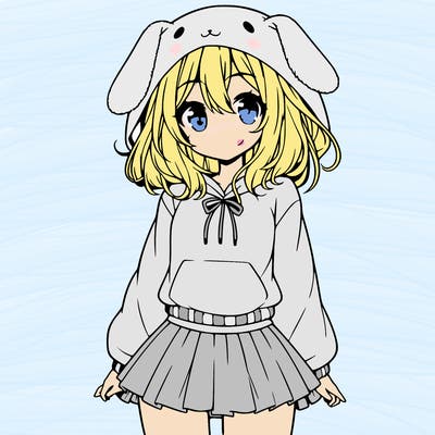 pretty anime girl wearing a fluffy hoodie with bunny ears on the hood and a skirt