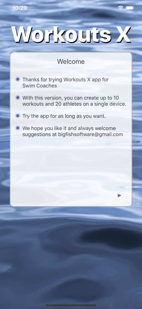 Workouts X swim coach app welcome screen with feature list and water background
