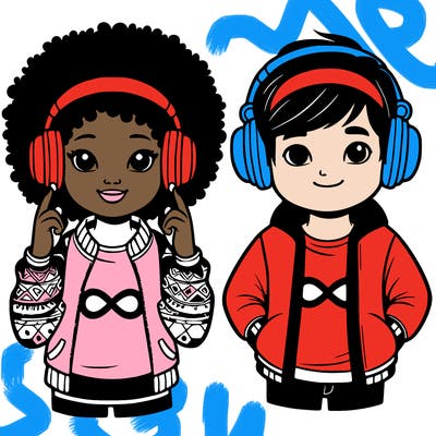 an afroamerican girl with headphones and a boy with headphones, they have an ♾️ symbol on their shirt