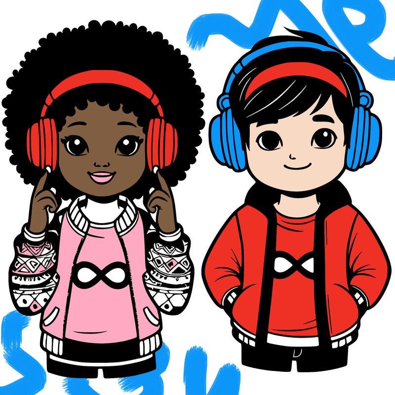 an afroamerican girl with headphones and a boy with headphones, they have an ♾️ symbol on their shirt