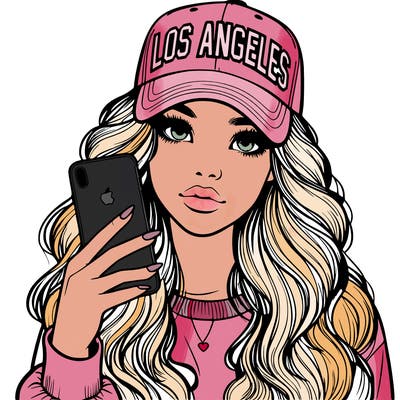 realistic beautiful girl wearing los ángeles cap holding an iphone