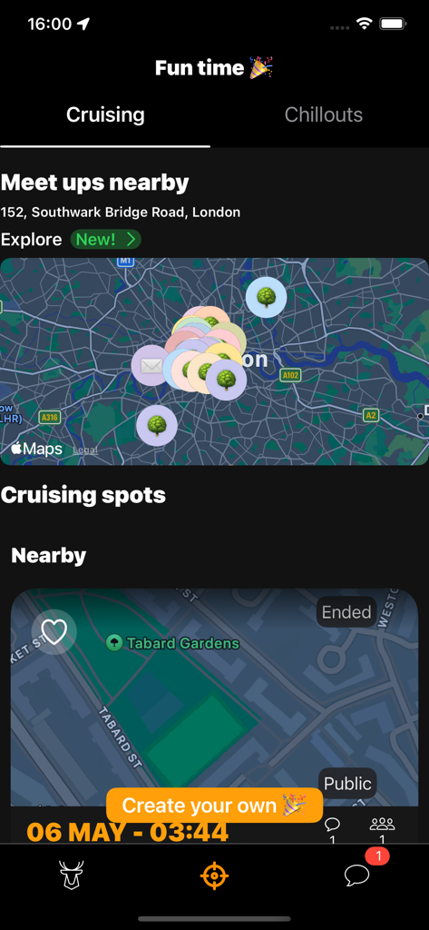 Map view showing nearby cruising spots and gay meet ups in the Cruising app