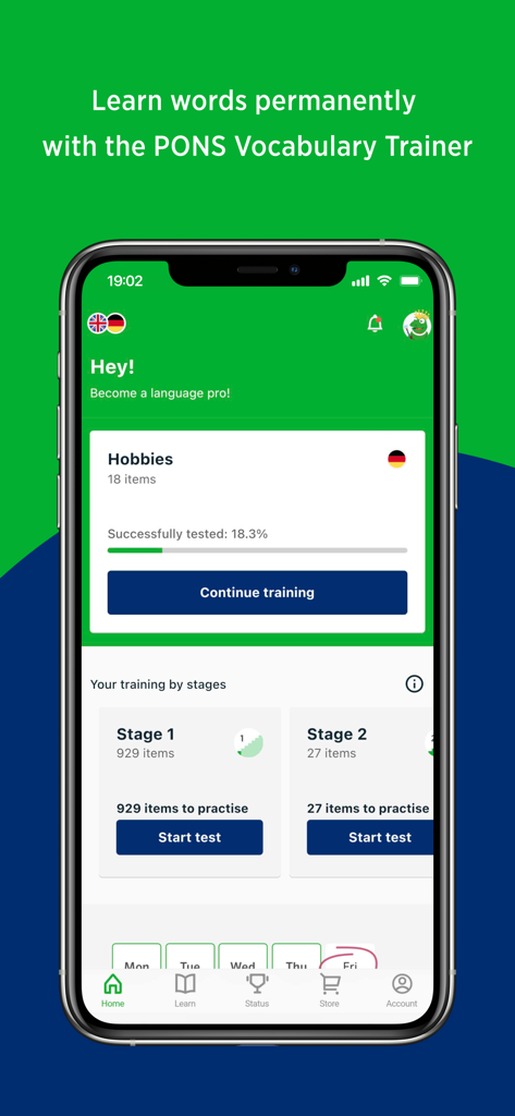 Der Startbildschirm der PONS Vokabeltrainer-App mit Fortschritten in einer Vokabelstunde und kategorisierten Trainingsstufen.