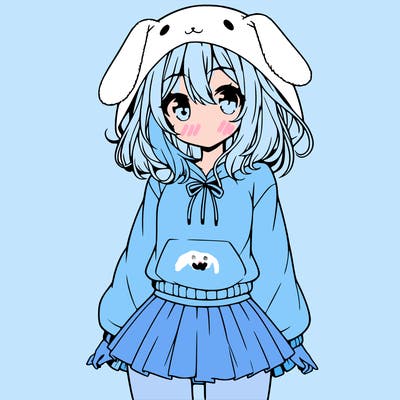 pretty anime girl wearing a fluffy hoodie with bunny ears on the hood and a skirt