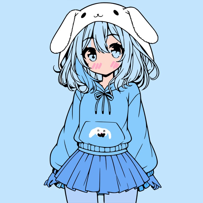 pretty anime girl wearing a fluffy hoodie with bunny ears on the hood and a skirt
