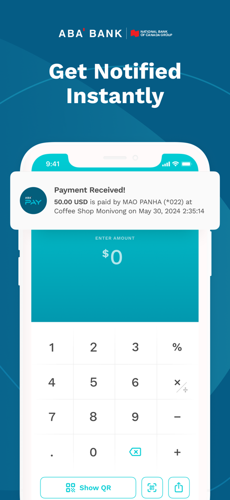 ABA Merchant - Pantalla de smartphone mostrando una notificación de pago recibido instantáneamente en la aplicación ABA Merchant