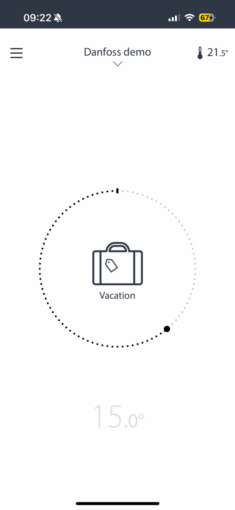 Captura de pantalla del modo de vacaciones de la aplicación Danfoss Eco mostrando una temperatura de 15 grados.