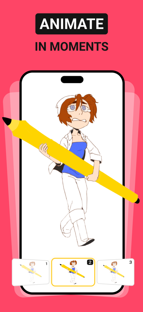 Mobile interface of FlipArtify app showing a character drawing with animation frames at the bottom