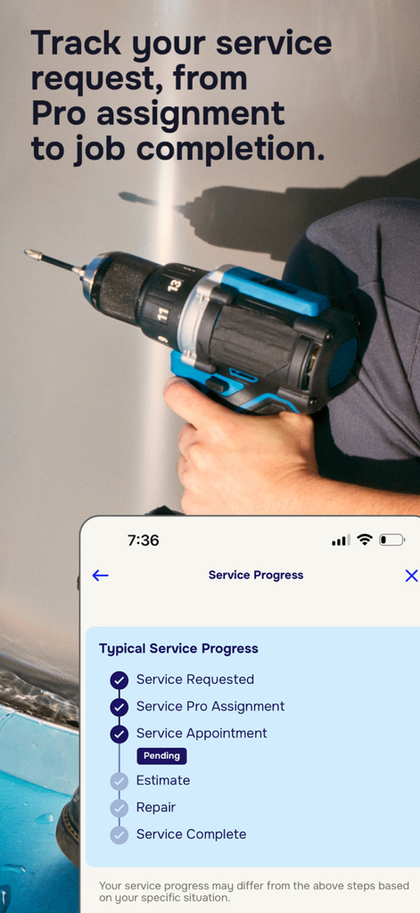 American Home Shield app interface displaying the step by step progress of a home repair service request