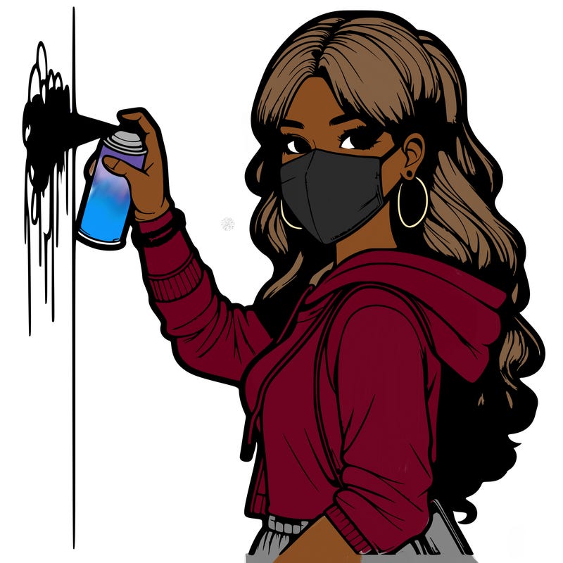 realistic girl with mask spray painting a wall