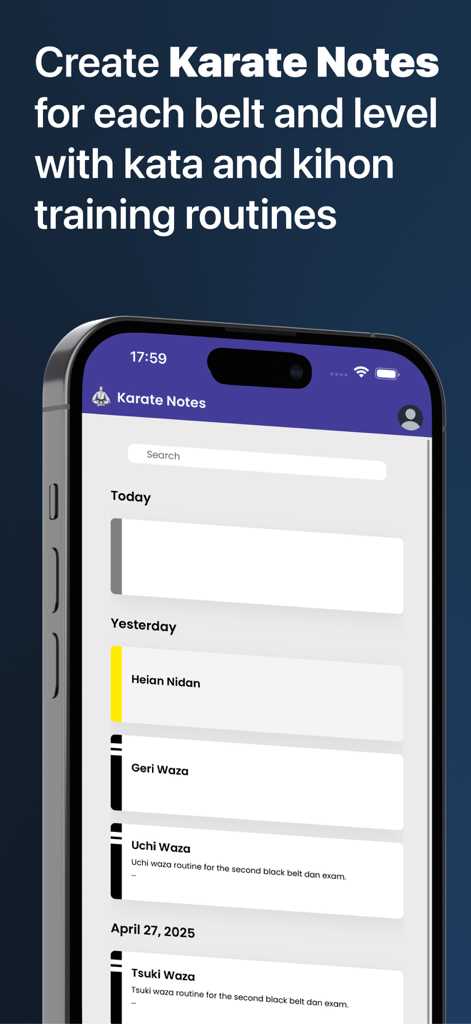 Karate Notes: Katas & Routines - Karate Notes app interface displaying a list of kata and kihon training routines organized by date on an iPhone