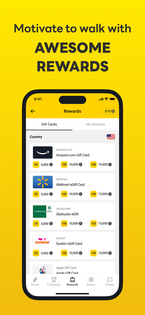 CashWalk - Daily Step Counter - CashWalkアプリの画面に、Amazon、Walmart、スターバックスからのギフトカード報酬と毎日の歩数が表示されています