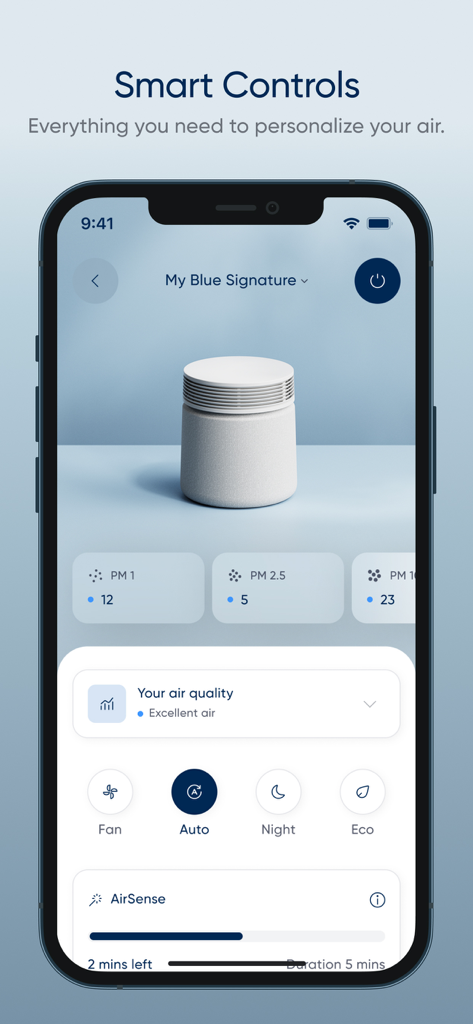 Blueair app dashboard showing air quality metrics and smart control settings on a smartphone