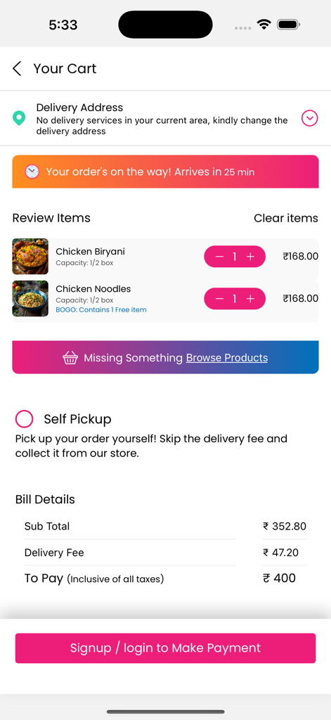 Shino - Shop Local. Fast. - Shino app cart screen showing order summary for chicken biryani and noodles with a 25 minute delivery estimate