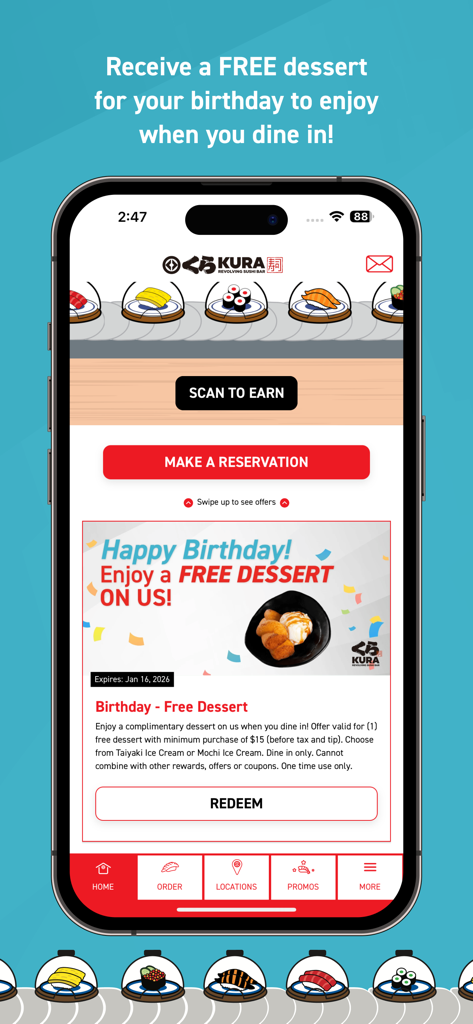 Kura Sushi Rewards - Pantalla de la aplicación Kura Sushi Rewards que muestra una oferta de postre de cumpleaños gratis