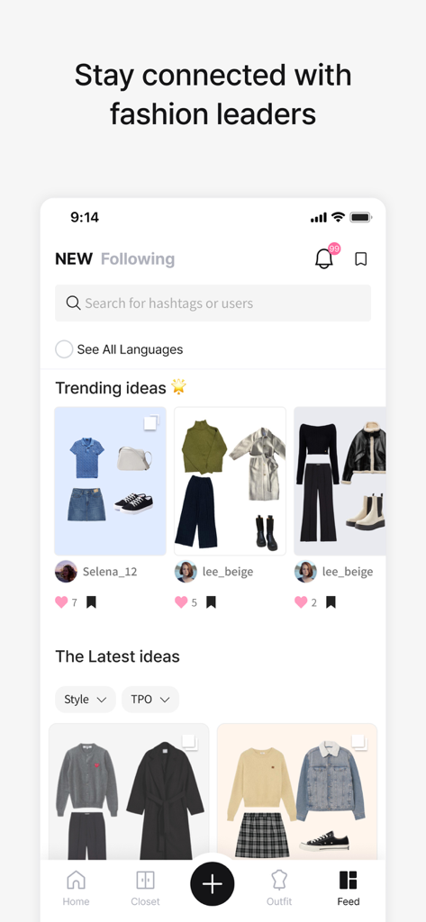 Acloset - AI Fashion Assistant - Feed social dell'app Acloset che mostra combinazioni di outfit di tendenza e ispirazione di moda dagli utenti.