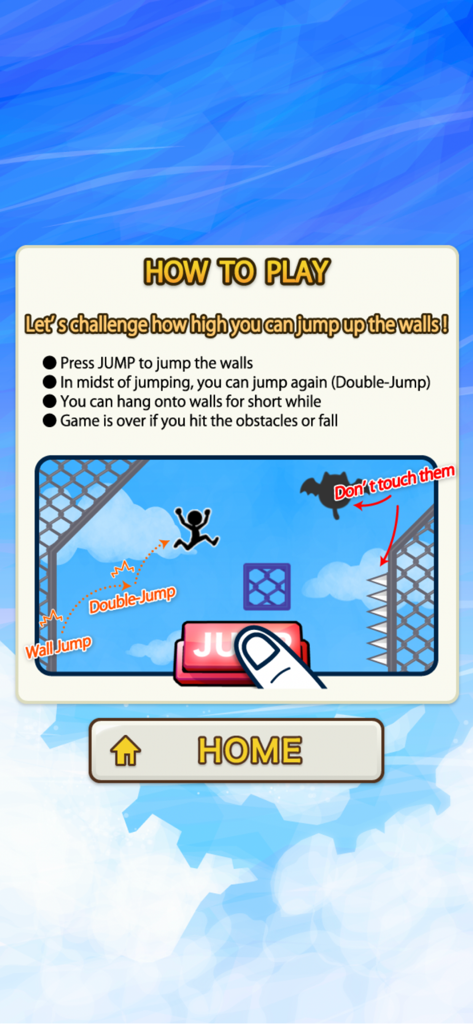Wall Jump - Tela de instruções para o jogo mobile Wall Jump explicando como pular e evitar obstáculos