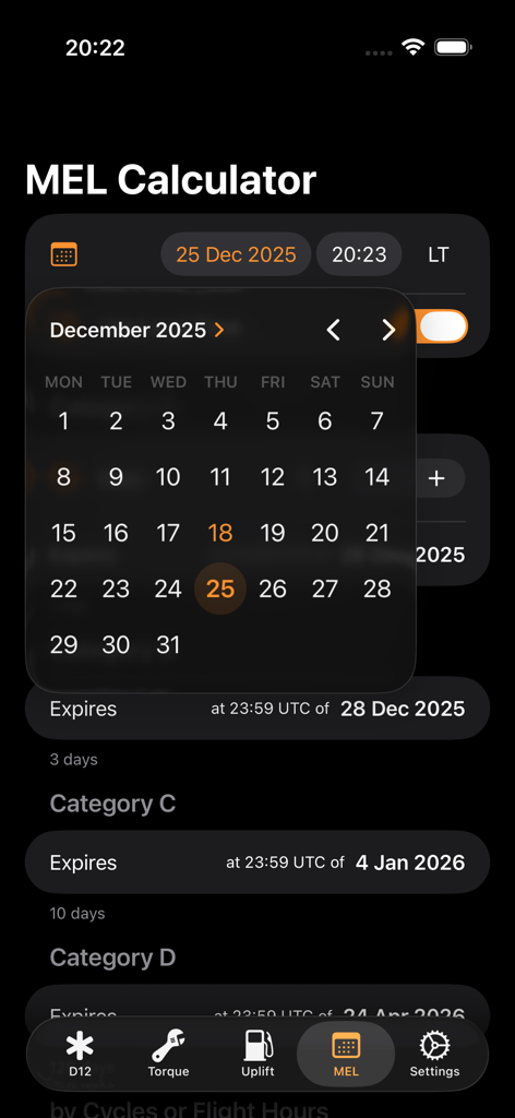 easyB1 - easyB1アプリのMEL計算機画面。カレンダーピッカーと航空機整備士向けのメンテナンス有効期限を表示しています。