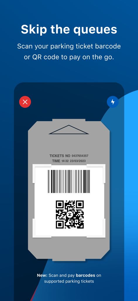 Zapper™ QR Payments & Rewards - Smartphone scanning a parking ticket barcode in the Zapper app to skip payment queues