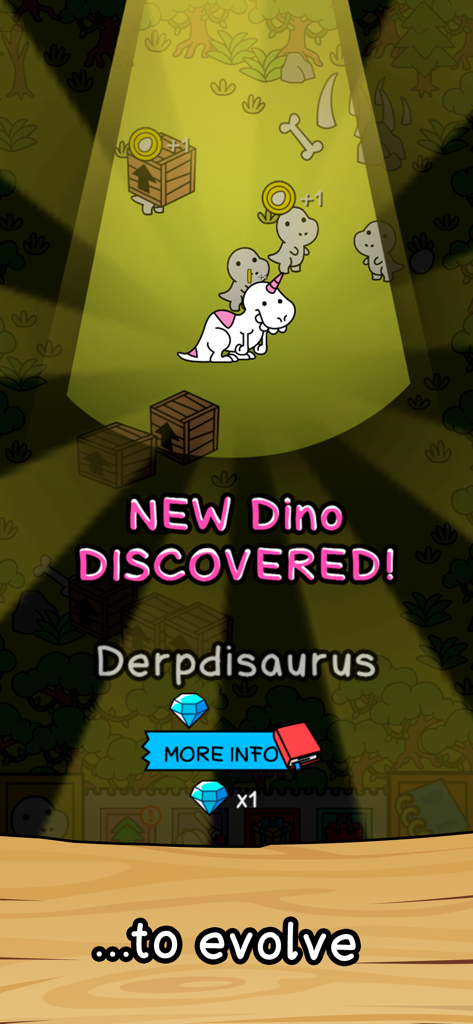 Dino Evolution: Dinosaur Game - 디노 에볼루션 게임에서 데르프디사우루스 생물을 보여주는 새로운 공룡 발견 화면.