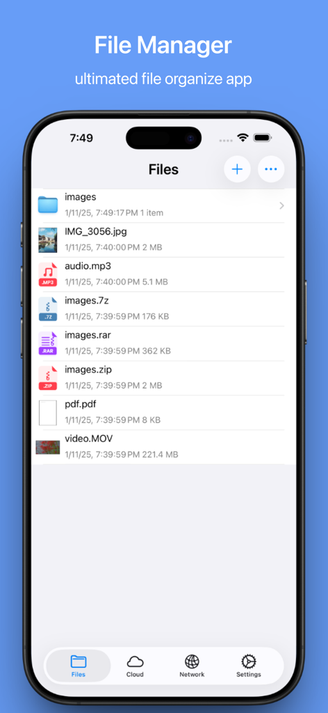 MyFiles - File Manager Browser - Interface do aplicativo MyFiles no iPhone mostrando uma lista de vários tipos de arquivos, incluindo pastas, imagens, áudio e arquivos