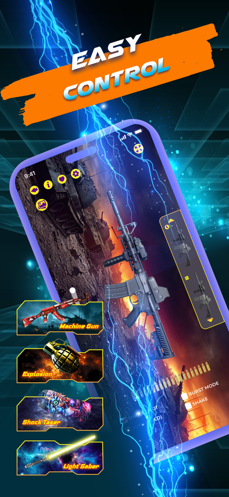 Interface of Gun Shot Sound app showing a machine gun and weapon categories like grenade taser and light saber