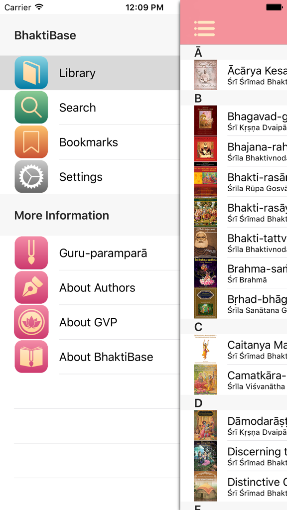 BhaktiBase app interface showing the main navigation menu and a categorized list of Vedic spiritual books