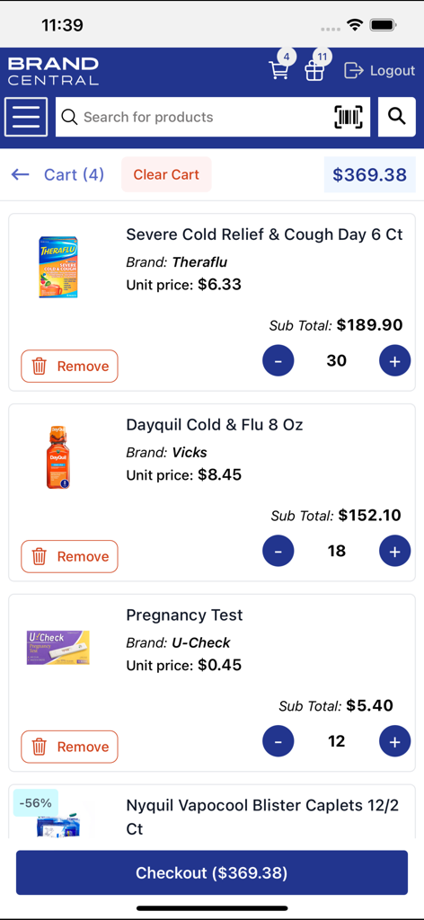 BC Wholesale - Shopping cart screen in the BC Wholesale mobile app showing products and checkout total