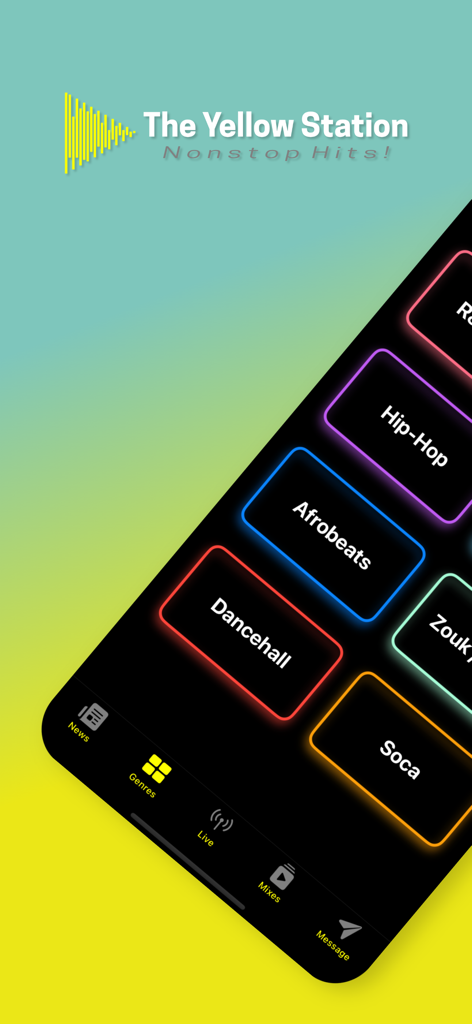 The Yellow Station - The Yellow Station app music genre selection screen featuring Hip-Hop Afrobeats Dancehall and Soca