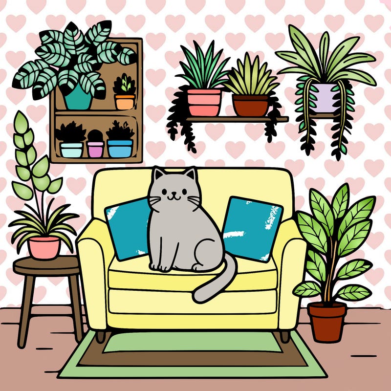 cat on a sofa in a room full of plants