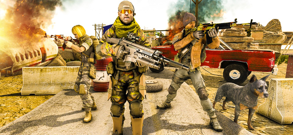 Call of Sniper -Delta Ops 2025 - Armed military squad and a dog on a desert battlefield with explosions and aircraft wreckage