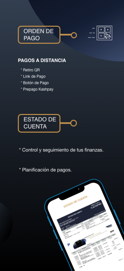 Interfaz de la app Mi KASH que muestra funciones para órdenes de pago, pagos remotos y seguimiento de estados de cuenta en español.