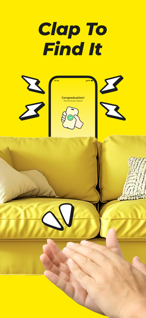 A pair of hands clapping to locate a smartphone hidden behind a yellow sofa cushion