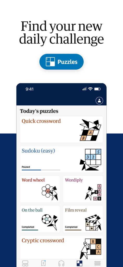 Guardian app puzzles screen with crosswords and Sudoku