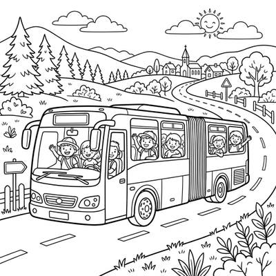 Get ready for an exciting journey with this cheerful coach bus coloring page, specially designed for kids aged 4-8. Watch happy children wave as they embark on a scenic road trip adventure.