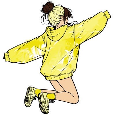 realistic girl jumping with a bun and oversized sweatshirt