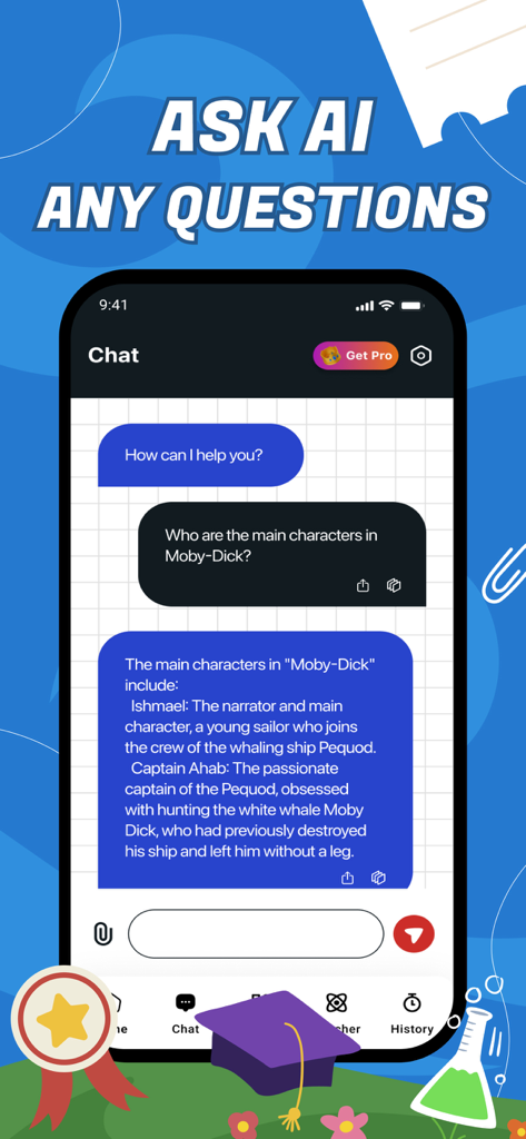 Right Answer－AI Solver App - Chat interface of the Right Answer AI app showing a question about characters in Moby-Dick and an AI-generated explanation.