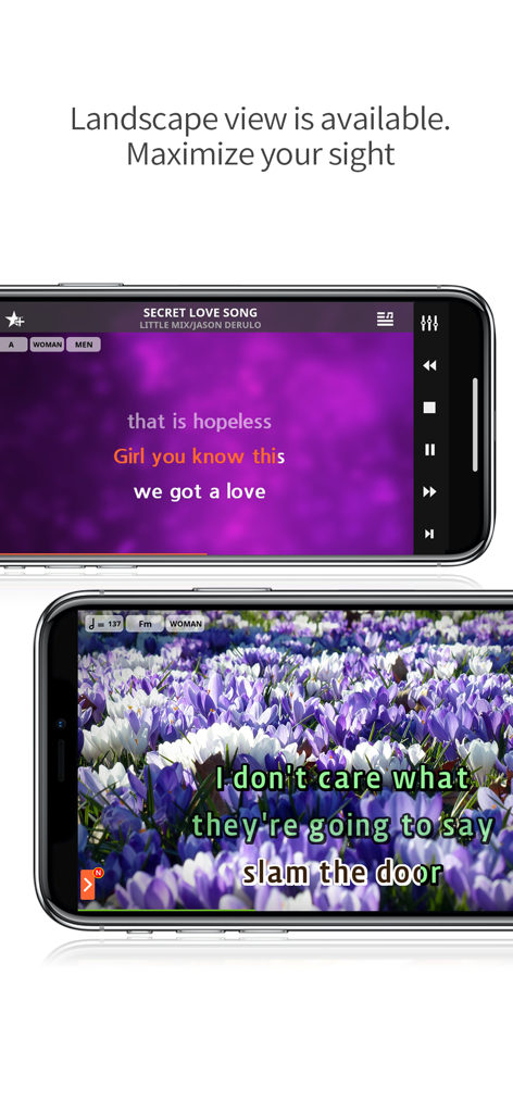 Magicsing Karaoke - Two smartphones displaying song lyrics and playback controls in landscape mode within the Magicsing Karaoke app